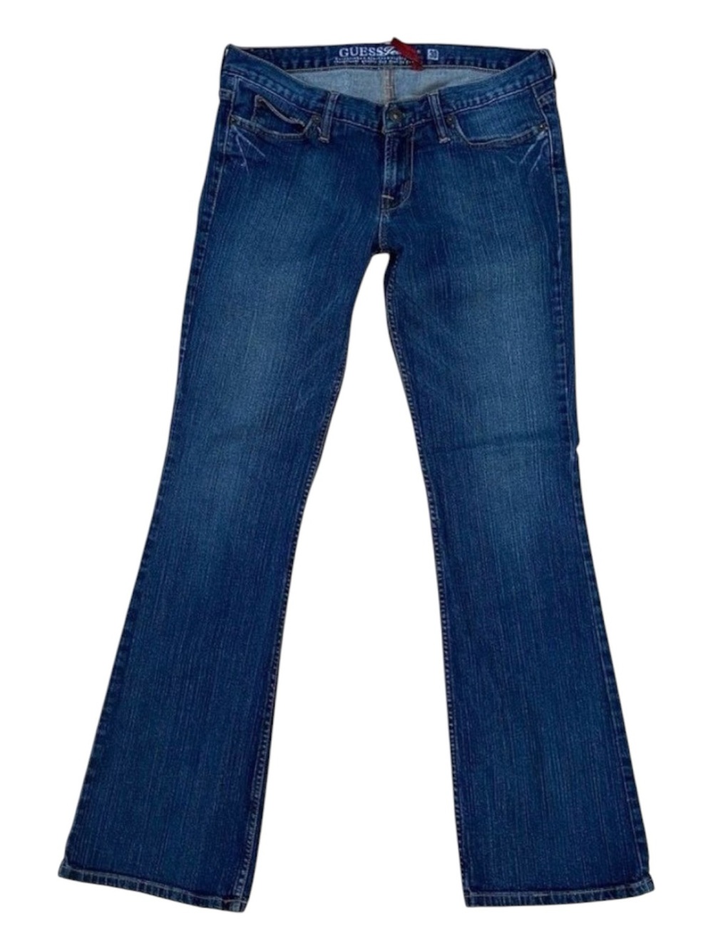 Guess jeans Foxy Flare blue stretchy distressed denim very low rise waist 28